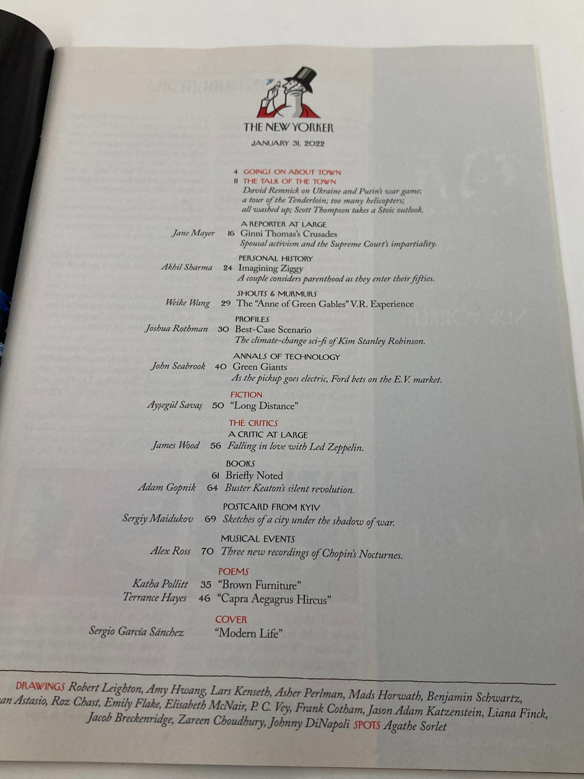 The New Yorker Full Magazine January 31 2022 table of contents showcasing notable articles and features, including 'Modern Life' by S. G. Sanchez.