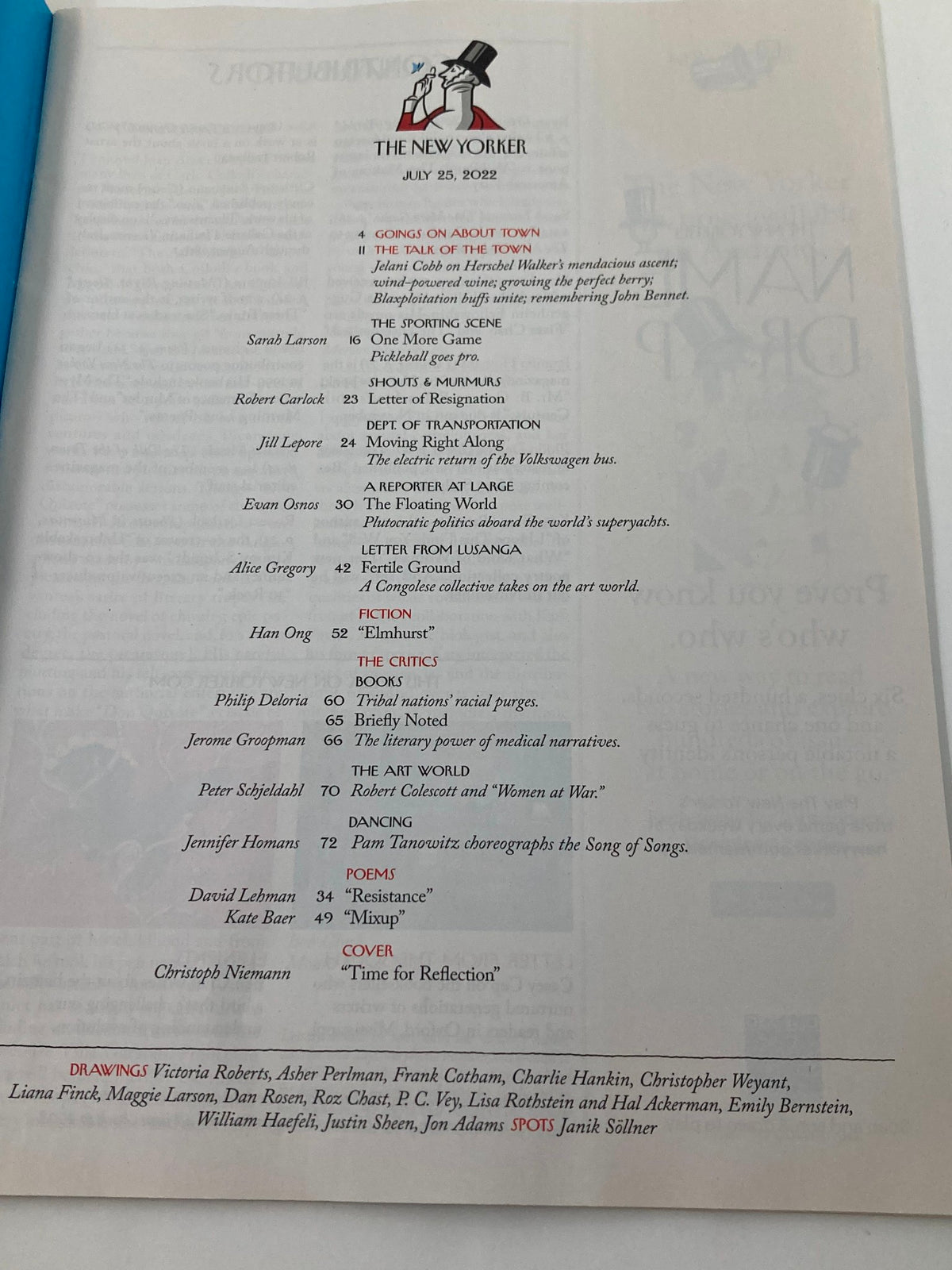 Table of contents from The New Yorker Full Magazine July 25 2022, listing articles and features including 'Time for Reflection'.