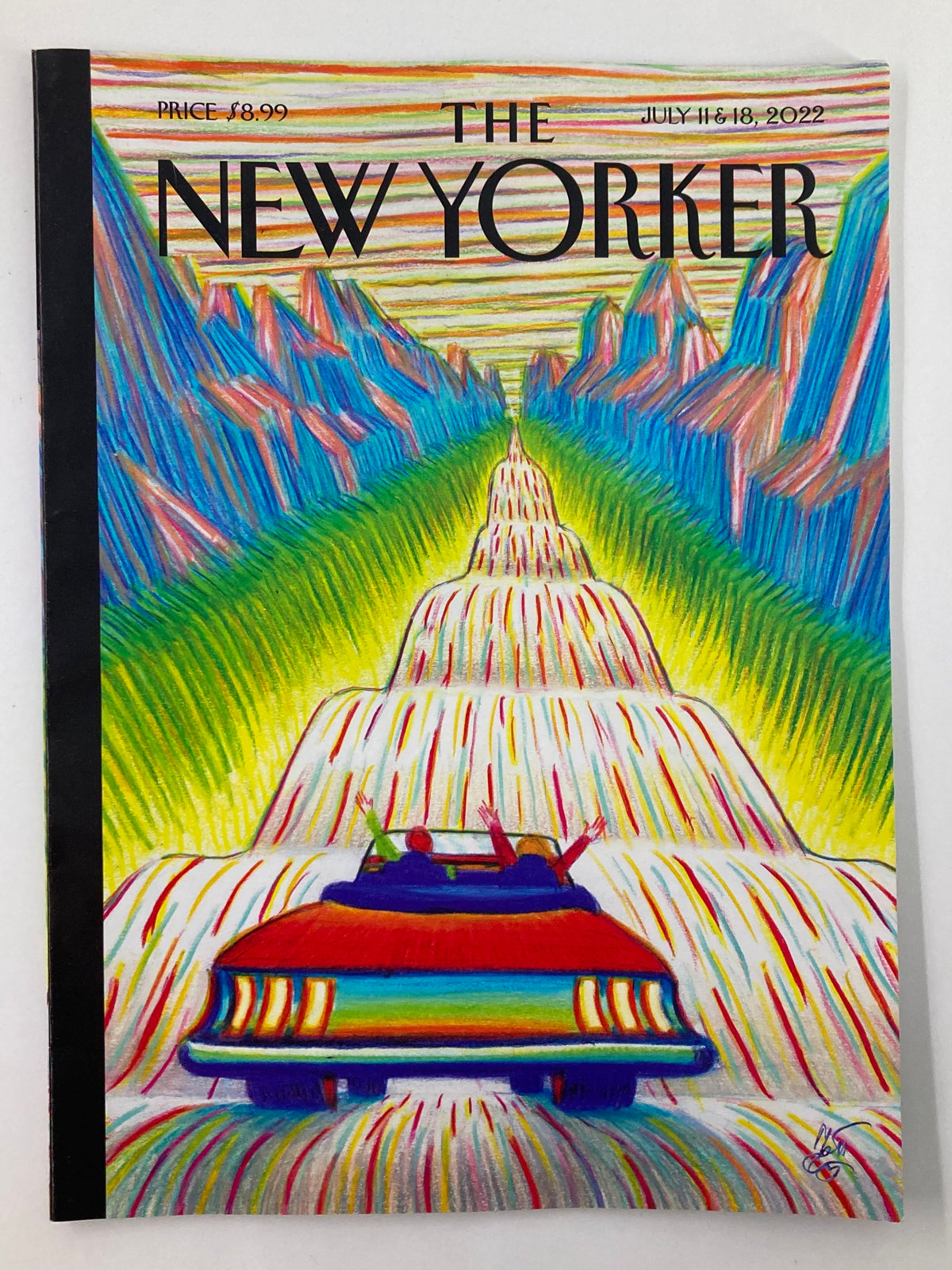 Cover of The New Yorker Full Magazine July 18 2022 featuring 'Adventures Ahead' illustration by Lorenzo Mattotti, showcasing vibrant colors and a dynamic landscape with a car driving through a waterfall.