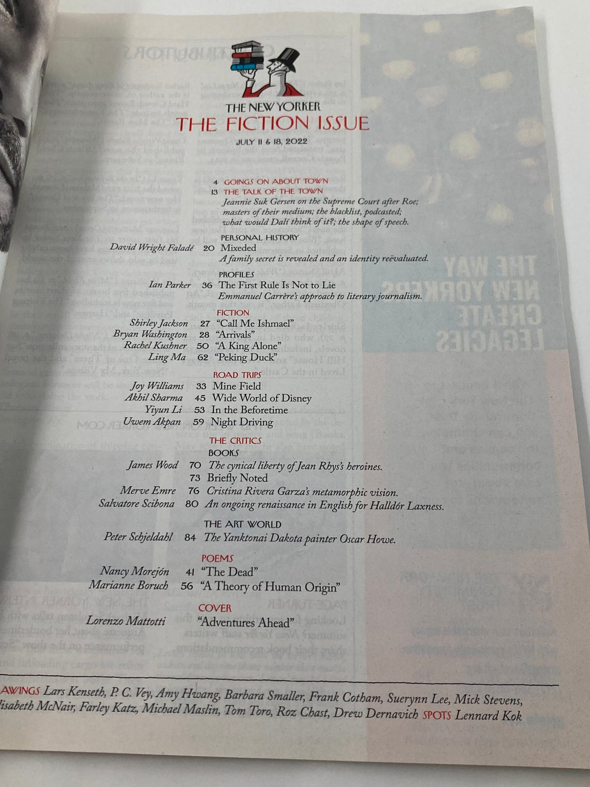 Interior page of The New Yorker Full Magazine July 18 2022 displaying the table of contents for the fiction issue, including story titles and the section for the cover feature 'Adventures Ahead' by Lorenzo Mattotti.