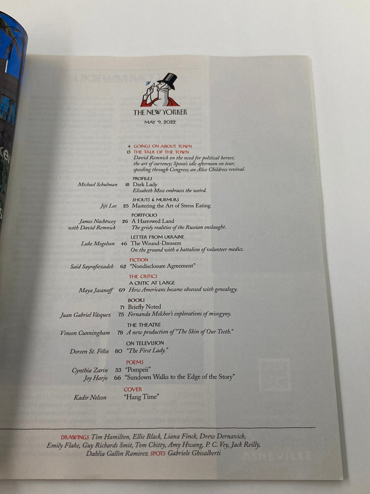 The New Yorker Full Magazine May 9 2022 - Table of contents page highlighting various articles and features including 'Hang Time' by Kadir Nelson, emphasizing cultural themes and stories of the issue.