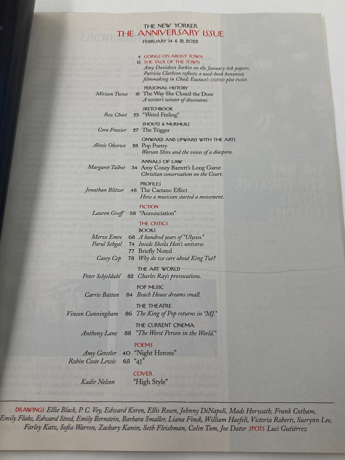 Table of contents page from The New Yorker Full Magazine February 14 2022, highlighting featured articles and illustrations including 'High Style' by Kadir Nelson, showcasing contributions from various writers.
