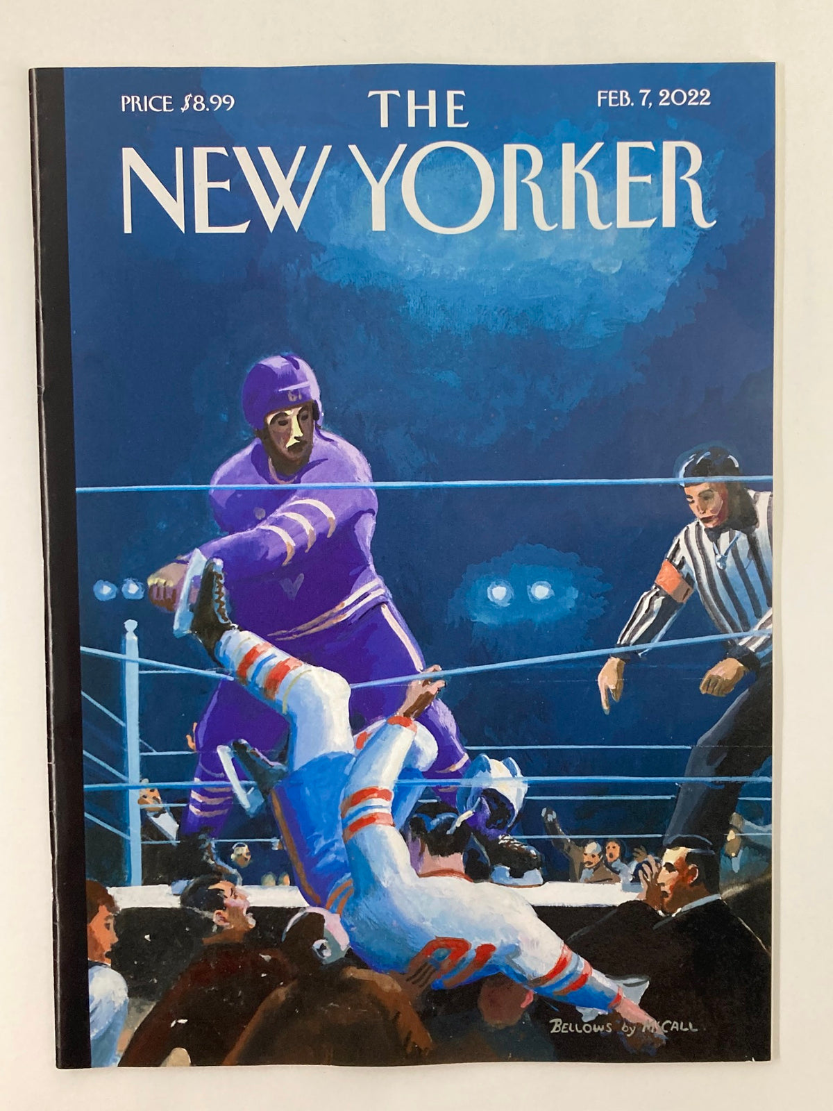 The New Yorker Full Magazine February 7 2022 featuring a colorful cover illustration titled Boxing Rink by Bruce McCall, depicting a wrestling scene with a referee and wrestlers in action.