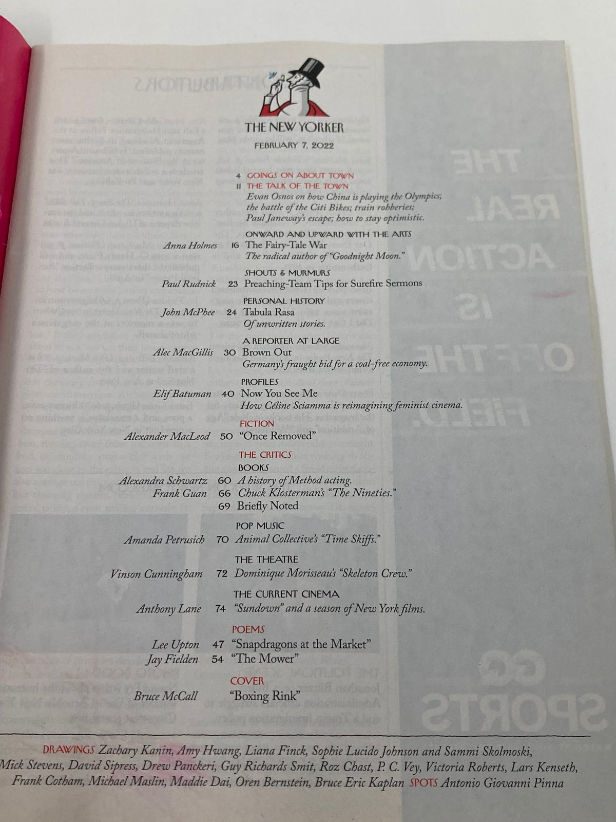 Table of contents page from The New Yorker magazine February 7, 2022, showcasing articles including 'Boxing Rink' by Bruce McCall.