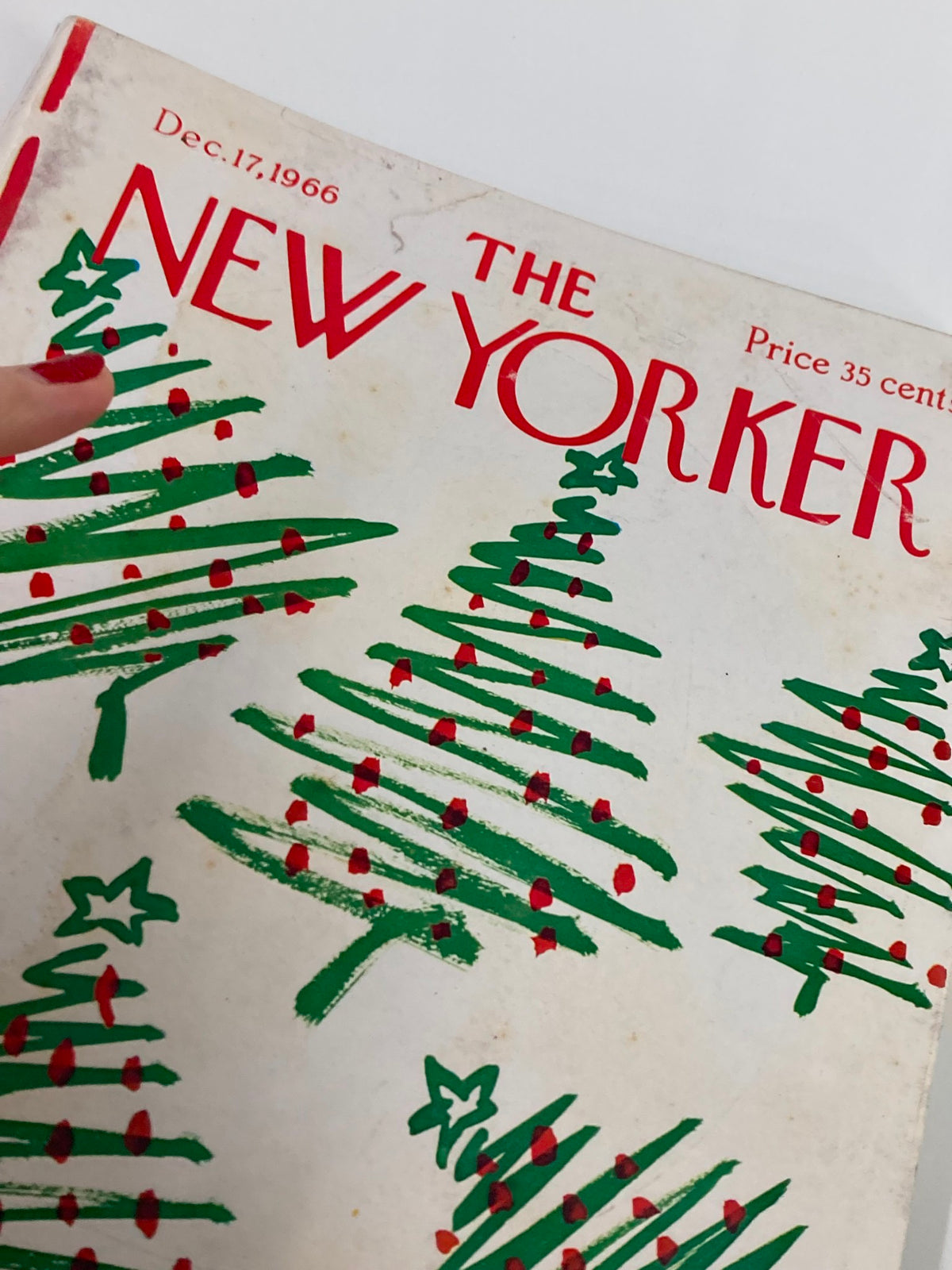 The New Yorker Full Magazine December 17 1966 featuring a cover illustration of Christmas Trees by Abe Burnbaum, showcasing festive holiday artwork with green trees and red ornaments.