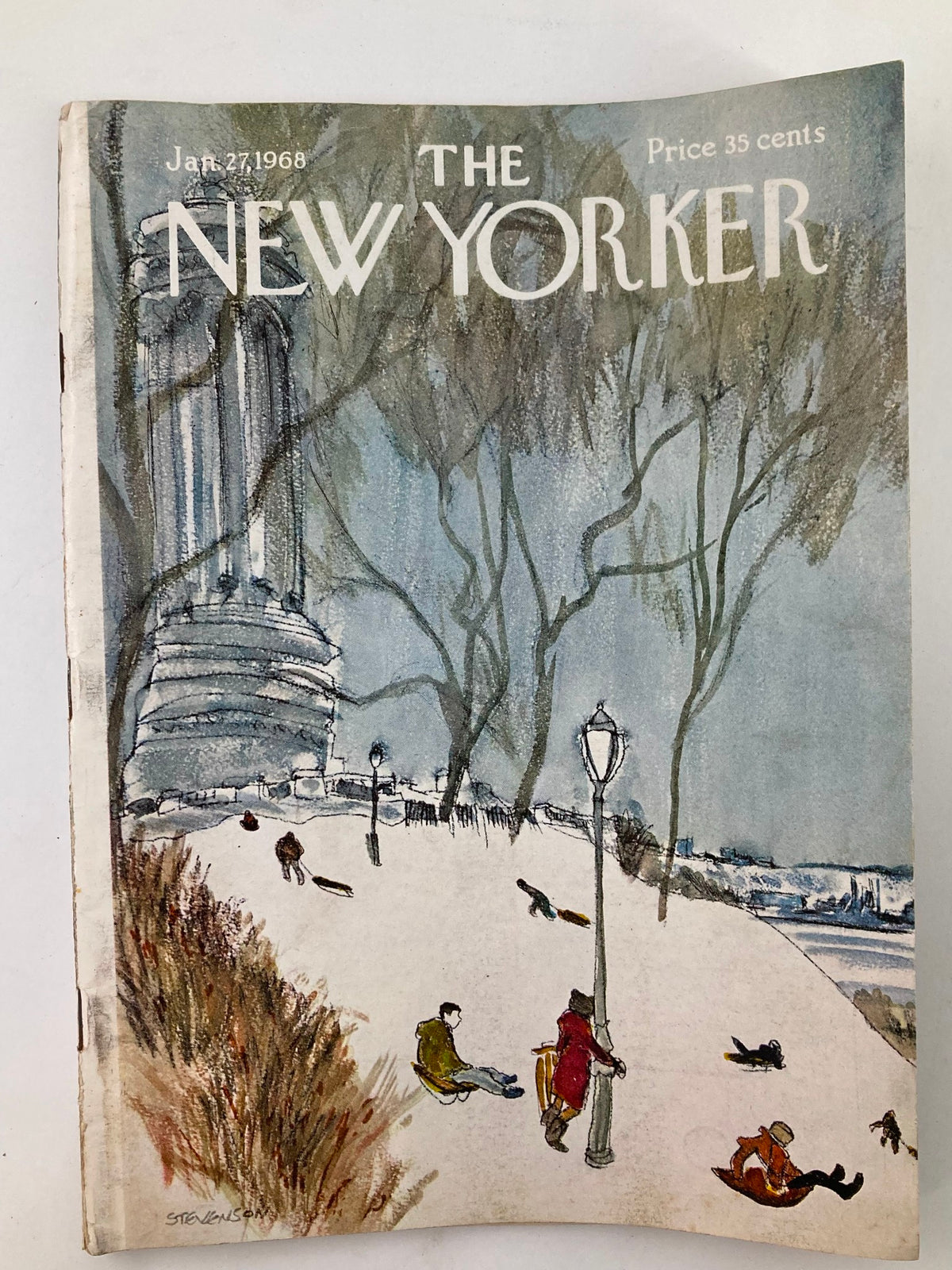 Cover of The New Yorker magazine from January 27, 1968, featuring the illustration 'Snow Park' by James Stevenson, depicting a snowy scene with people enjoying winter activities.