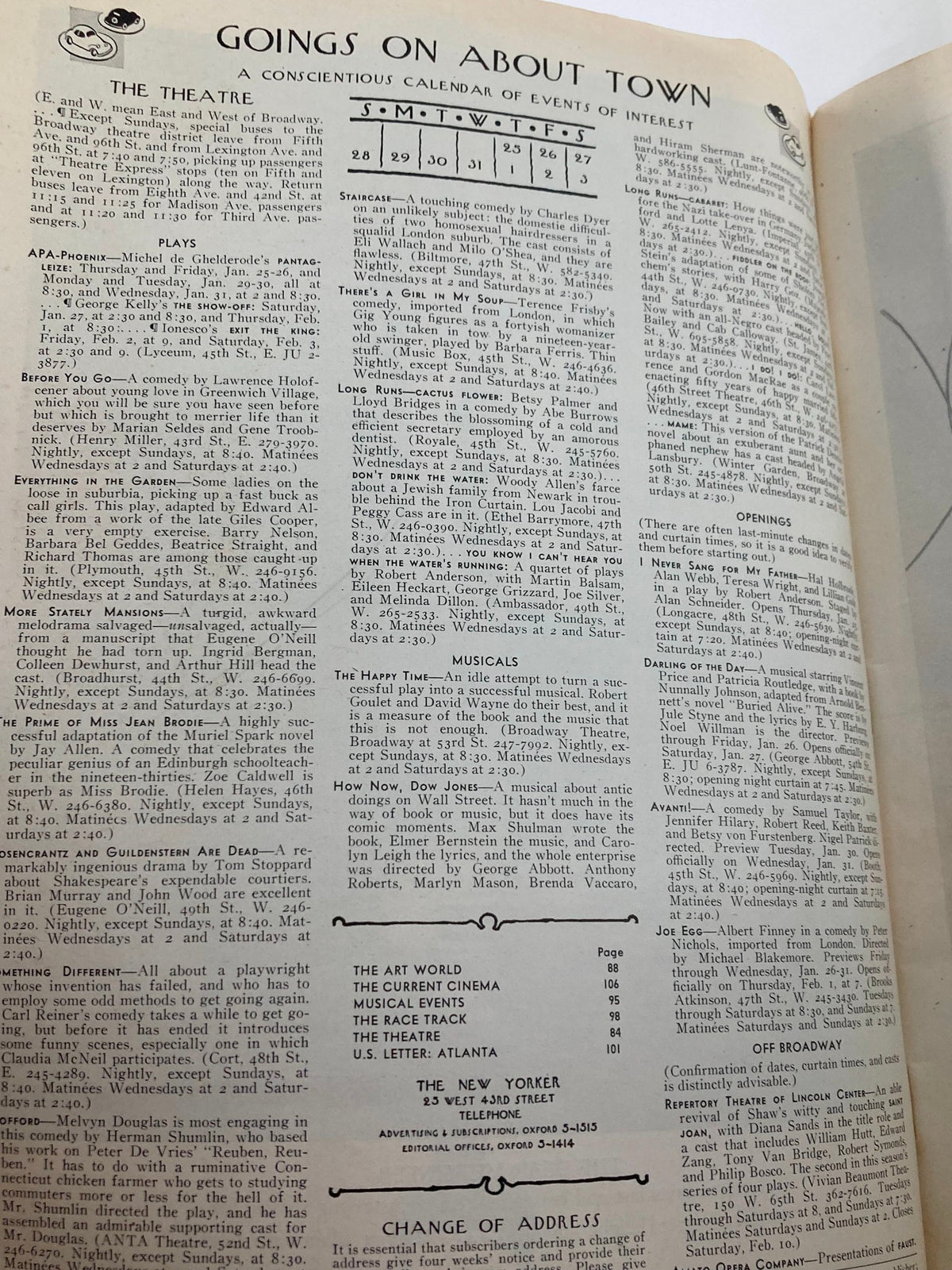 Interior page of The New Yorker magazine from January 27, 1968, featuring the section 'Goings On About Town' with listings of theatre events and plays, part of the magazine titled 'The New Yorker Full Magazine January 27 1968 Snow Park by James Stevenson.'