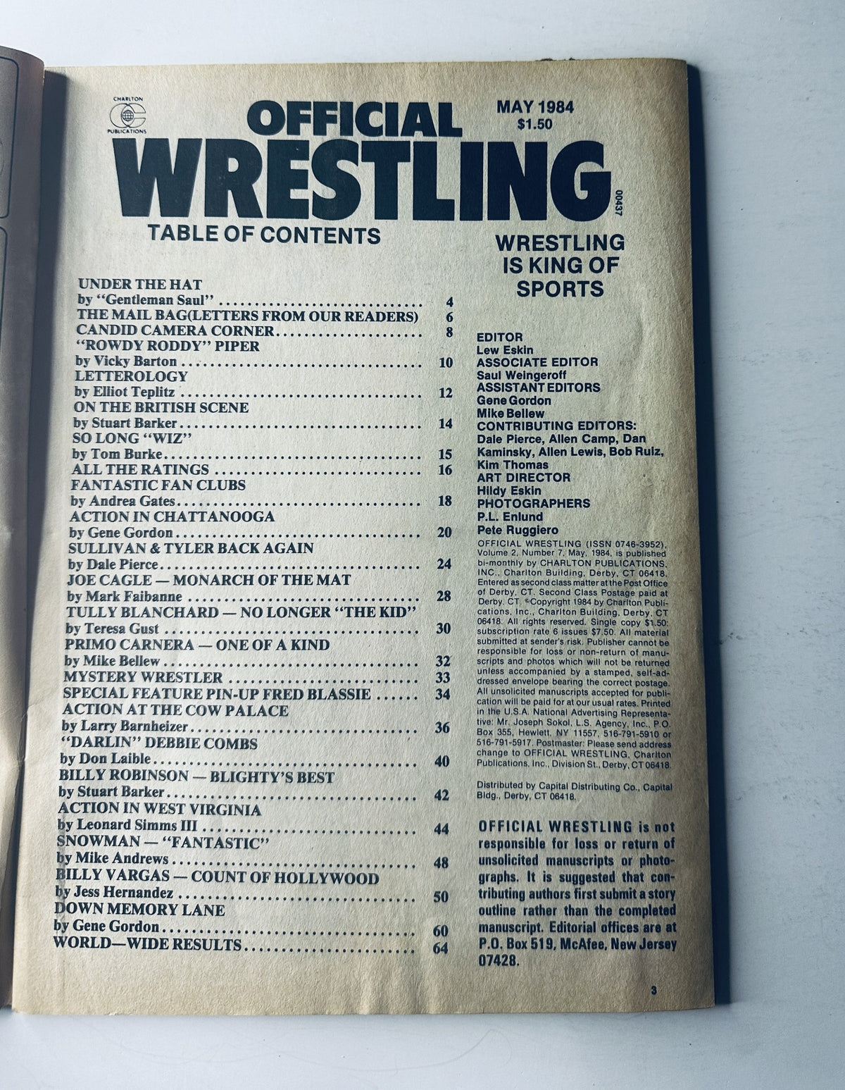 Inside page of the Official Wrestling Magazine May 1984 displaying the Table of Contents, featuring articles on notable wrestlers including Roddy Piper and Debbie Combs.
