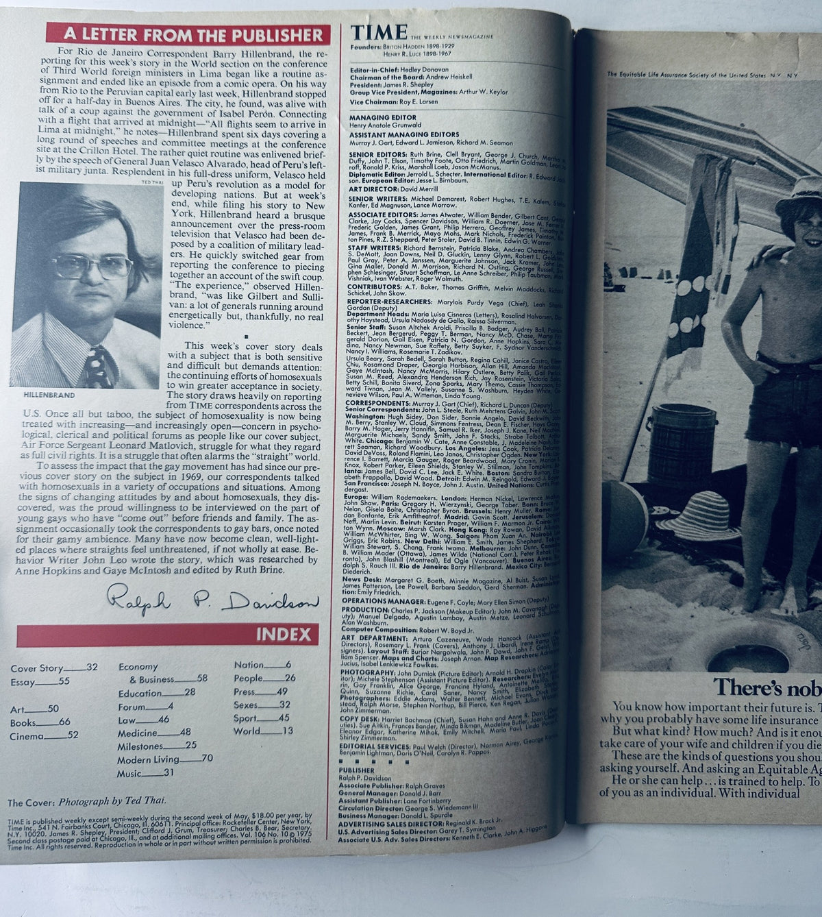 Inside view of Time Magazine September 8, 1975 with a letter from the publisher and the Table of Contents including various topics such as Economy & Business and Modern Living.