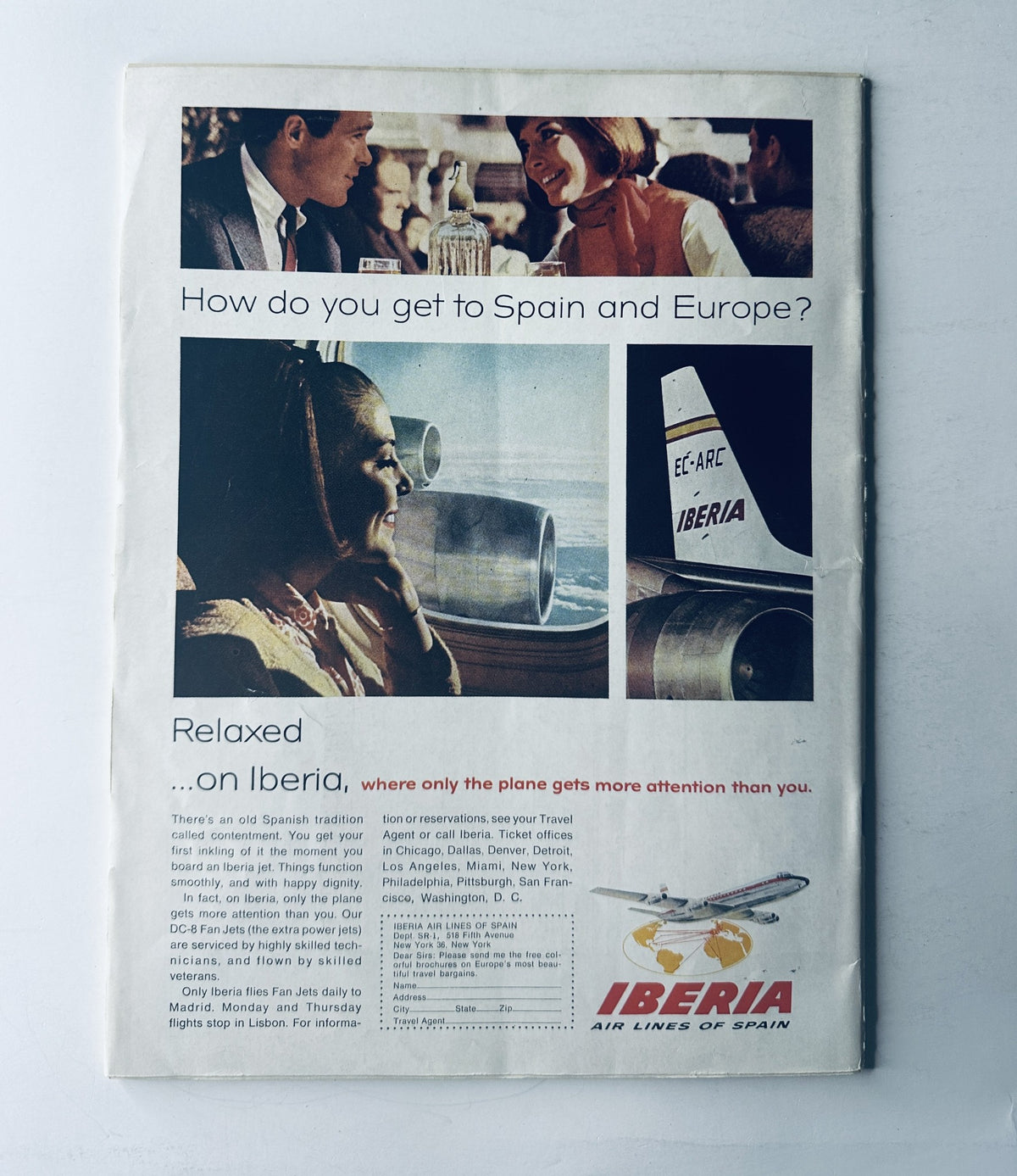 Advertisement for Iberia Air Lines featuring a vintage travel scene and a view from an airplane window, promoting travel to Spain and Europe, from the Saturday Review Magazine January 22, 1966, with a focus on relaxation and comfort in air travel.