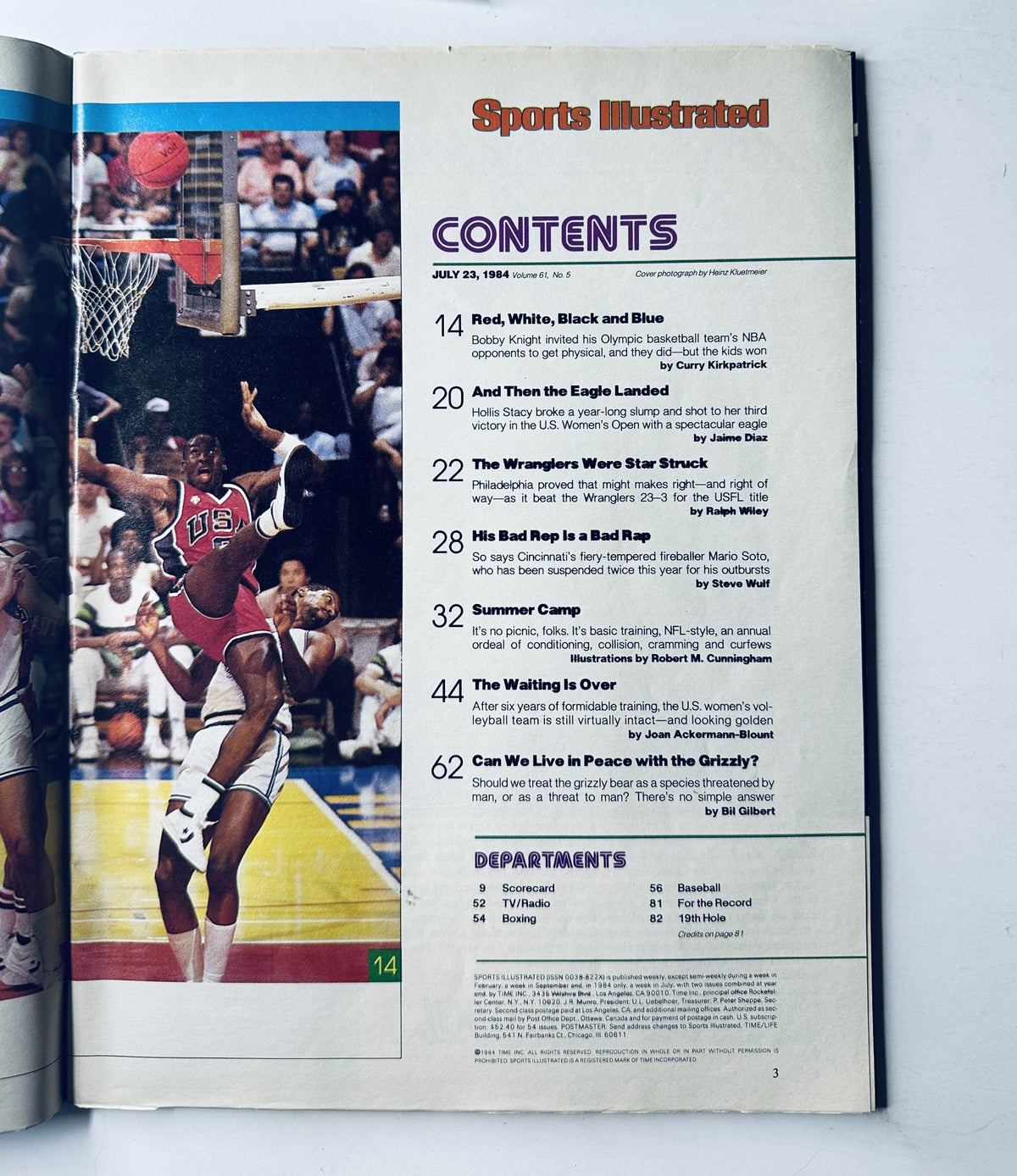 Contents page of Sports Illustrated Magazine from July 23, 1984 featuring Michael Jordan and the Olympic Team, highlighting articles such as 'Red, White, Black and Blue' and 'Summer Camp'.