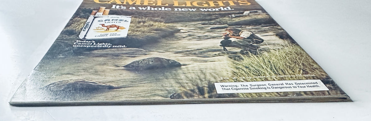 Side view of a Camel Lights advertisement, emphasizing the warning about cigarette smoking and the tagline 'It's a whole new world' in a natural setting.
