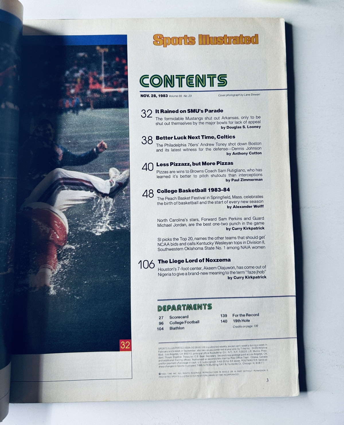 Contents page of Sports Illustrated Magazine from November 28, 1983 listing features including Michael Jordan and Sam Perkins coverage.