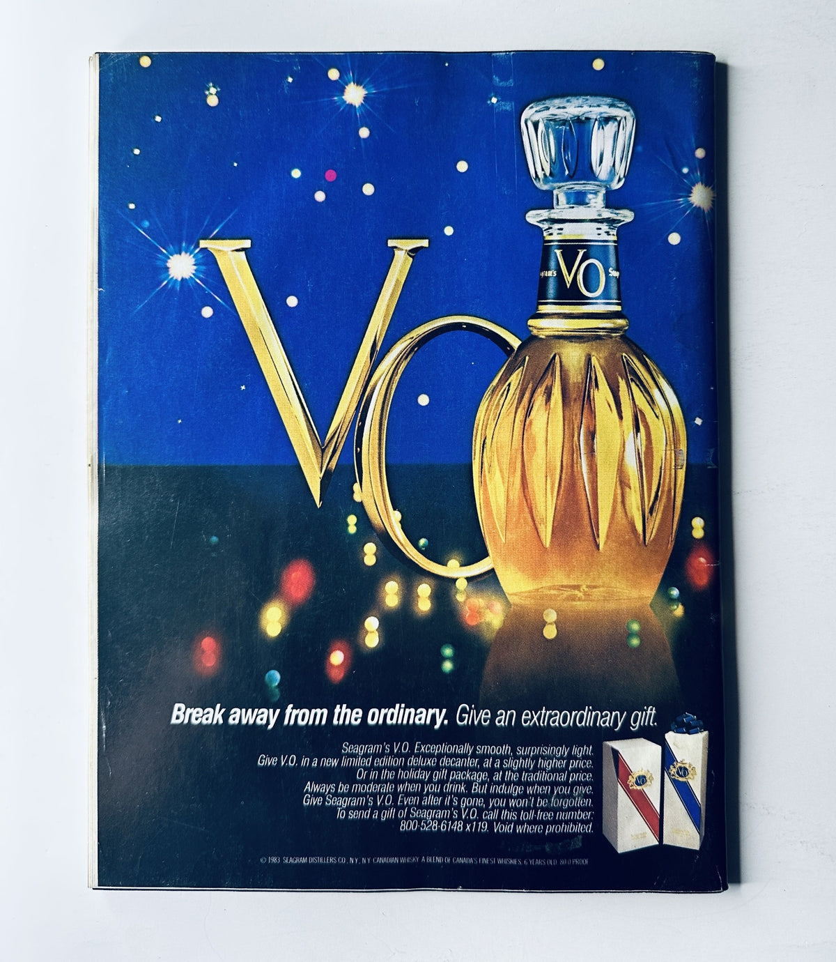Another view of the back cover advertisement of Sports Illustrated Magazine, November 28, 1983 for Seagram's V.O, highlighting its exceptional quality.
