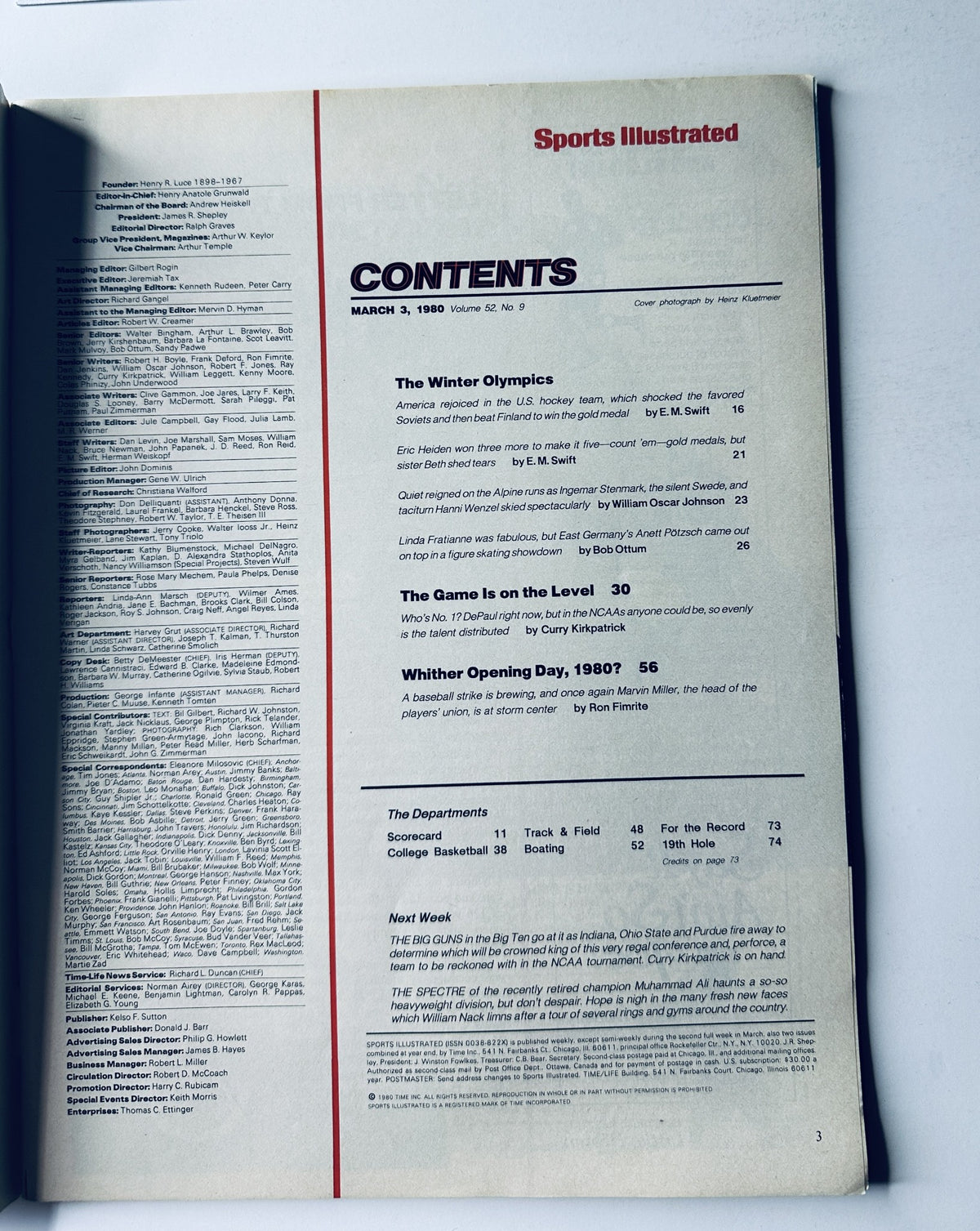 Table of Contents page from Sports Illustrated Magazine, March 3, 1980, highlighting features on the Winter Olympics and other sports.