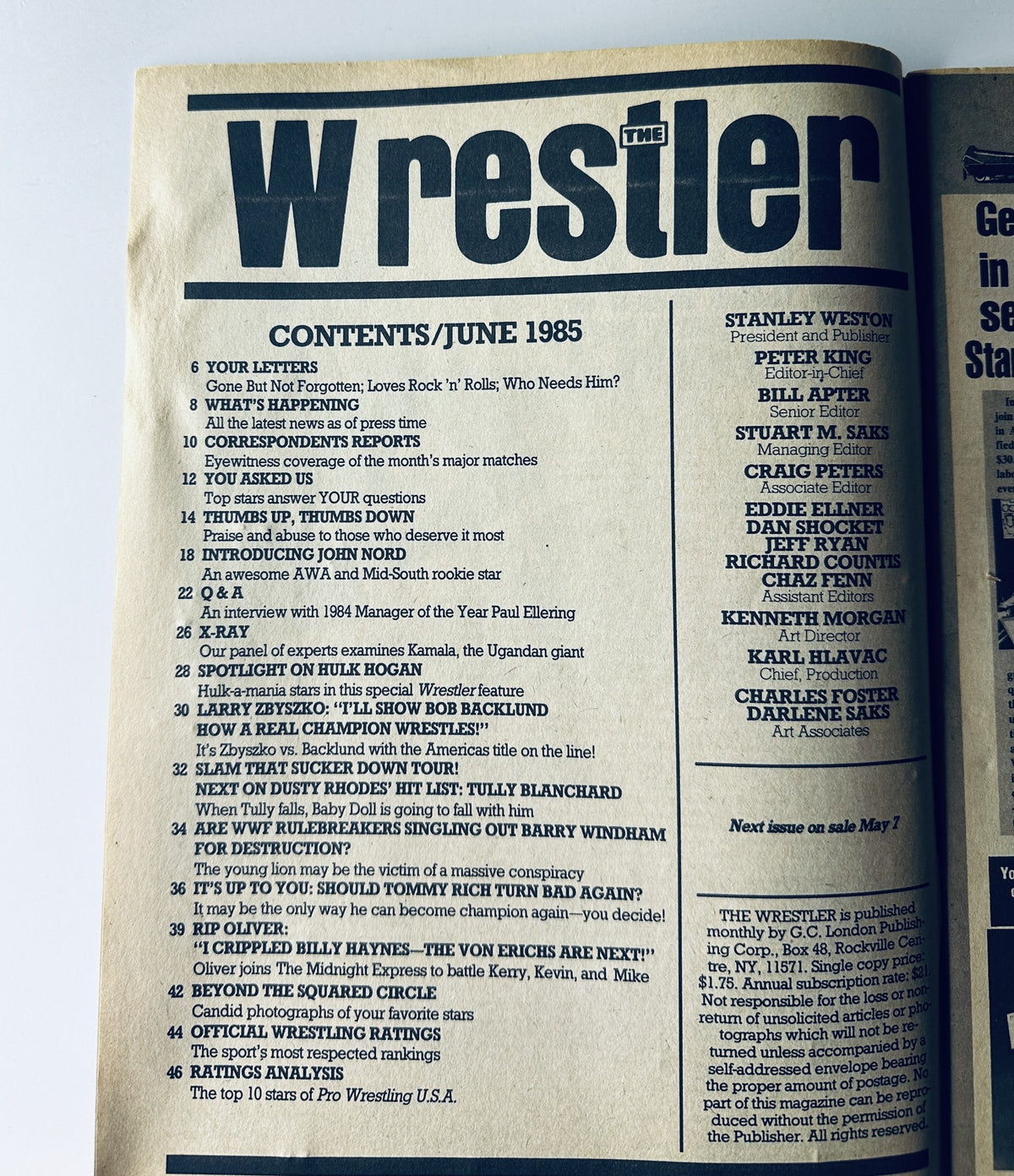 Inside page of The Wrestler Magazine June 1985 displaying the Table of Contents with various wrestling features, articles, and key highlights.