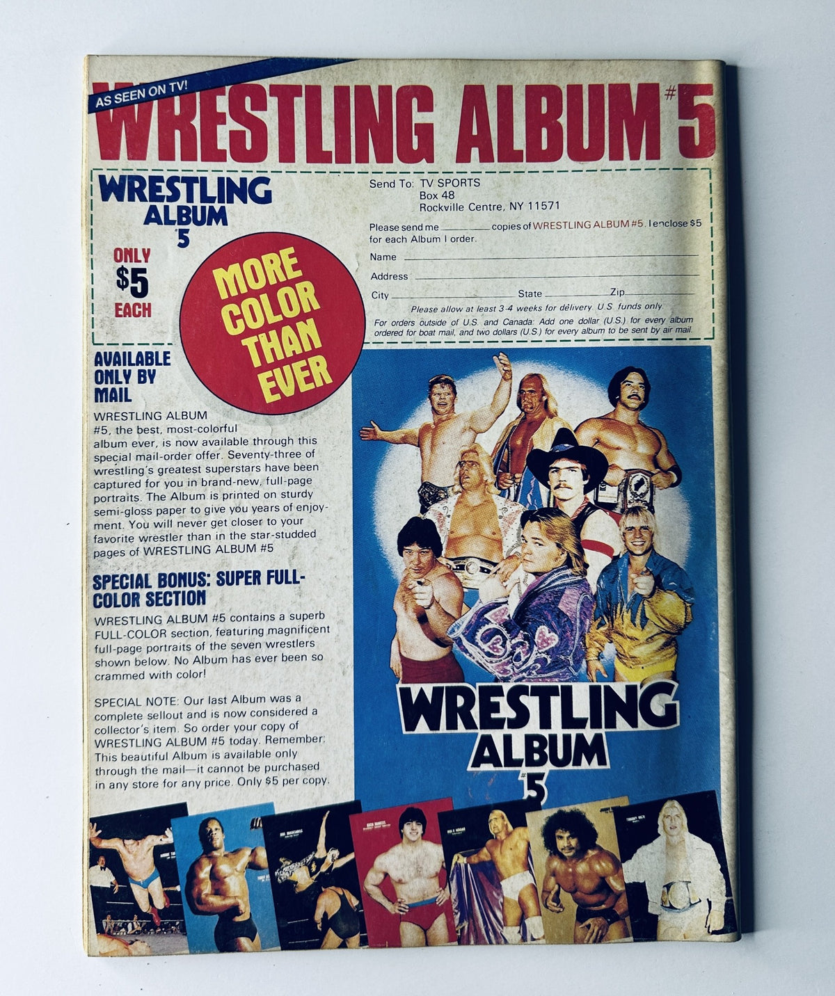 Back cover of The Wrestler Magazine June 1985 promoting Wrestling Album 5 with promotional details and images of popular wrestling stars.