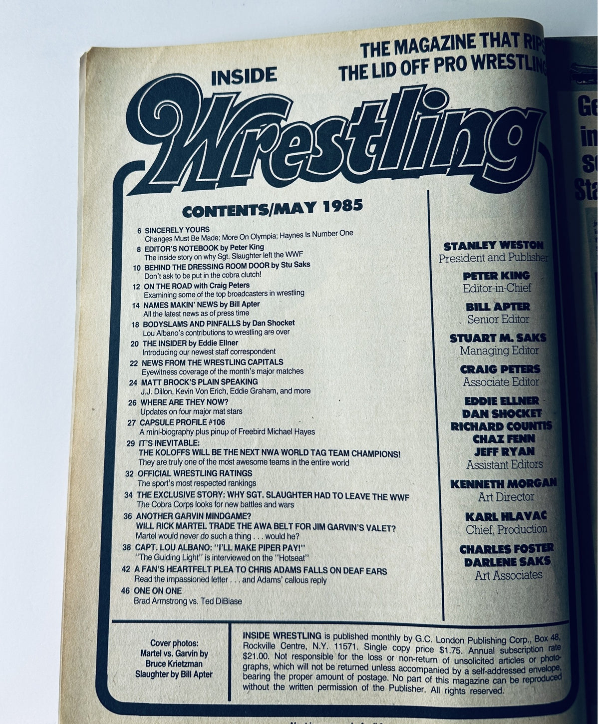 Contents page of Inside Wrestling Magazine May 1985 detailing articles and features, including interviews and news in professional wrestling.