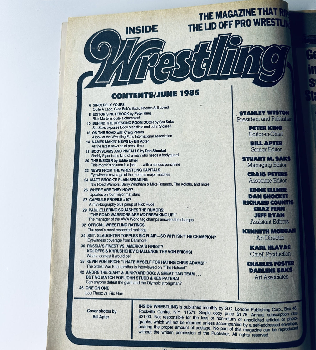 Table of contents page from Inside Wrestling Magazine, June 1985 detailing articles and features including Kevin Von Erich's interview and insights into current wrestling events.