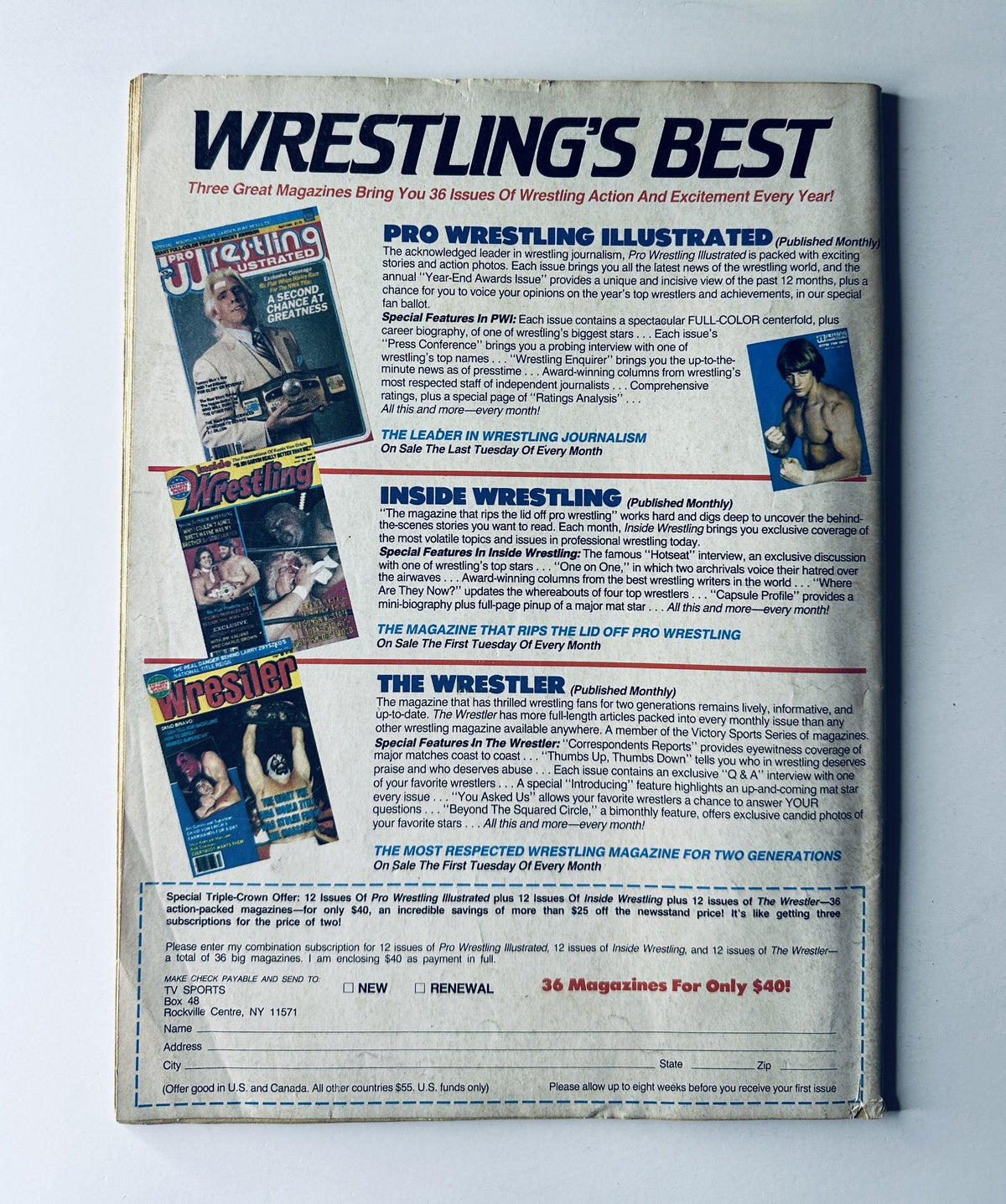 Back cover of Inside Wrestling Magazine, June 1985 advertising other wrestling publications and promoting subscriptions, emphasizing 'Wrestling's Best' magazines.