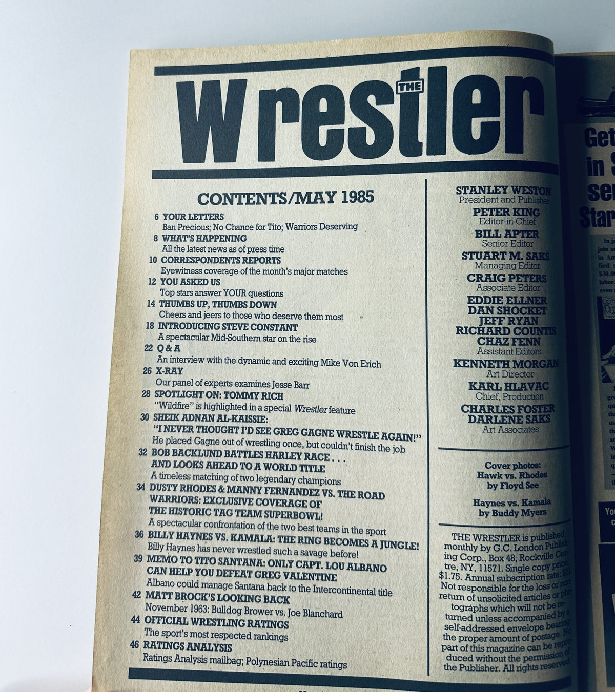 Table of contents for The Wrestler Magazine, May 1985 featuring sections like Your Letters, What's Happening, and exclusive articles about famous wrestlers like Dusty Rhodes and the Road Warriors.