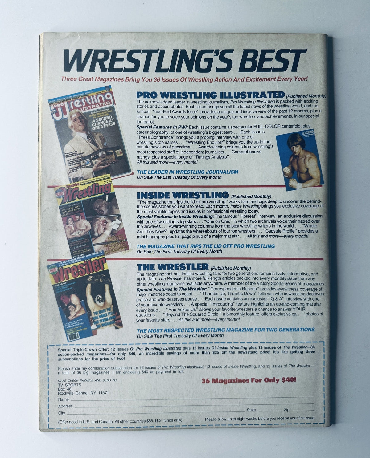 Back cover of The Wrestler Magazine, May 1985 showcasing advertisements for other wrestling publications including Pro Wrestling Illustrated and Inside Wrestling.