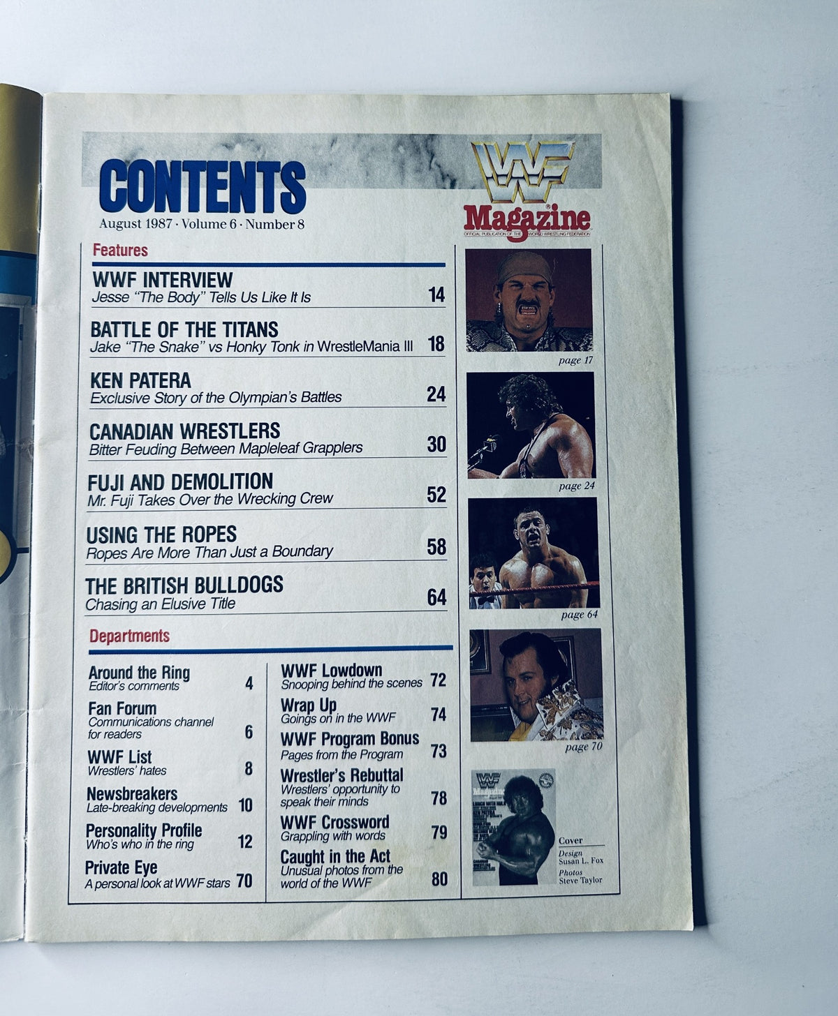 Inside page of WWF Magazine August 1987 displaying the Table of Contents with featured articles including Ken Patera and Demolition, providing readers with an overview of the magazine's content.