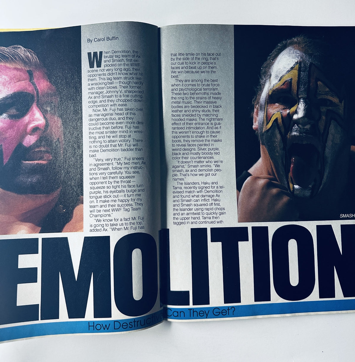 Page from WWF Magazine August 1987 featuring an article about Demolition, highlighting their wrestling persona and discussing their impact in the ring.