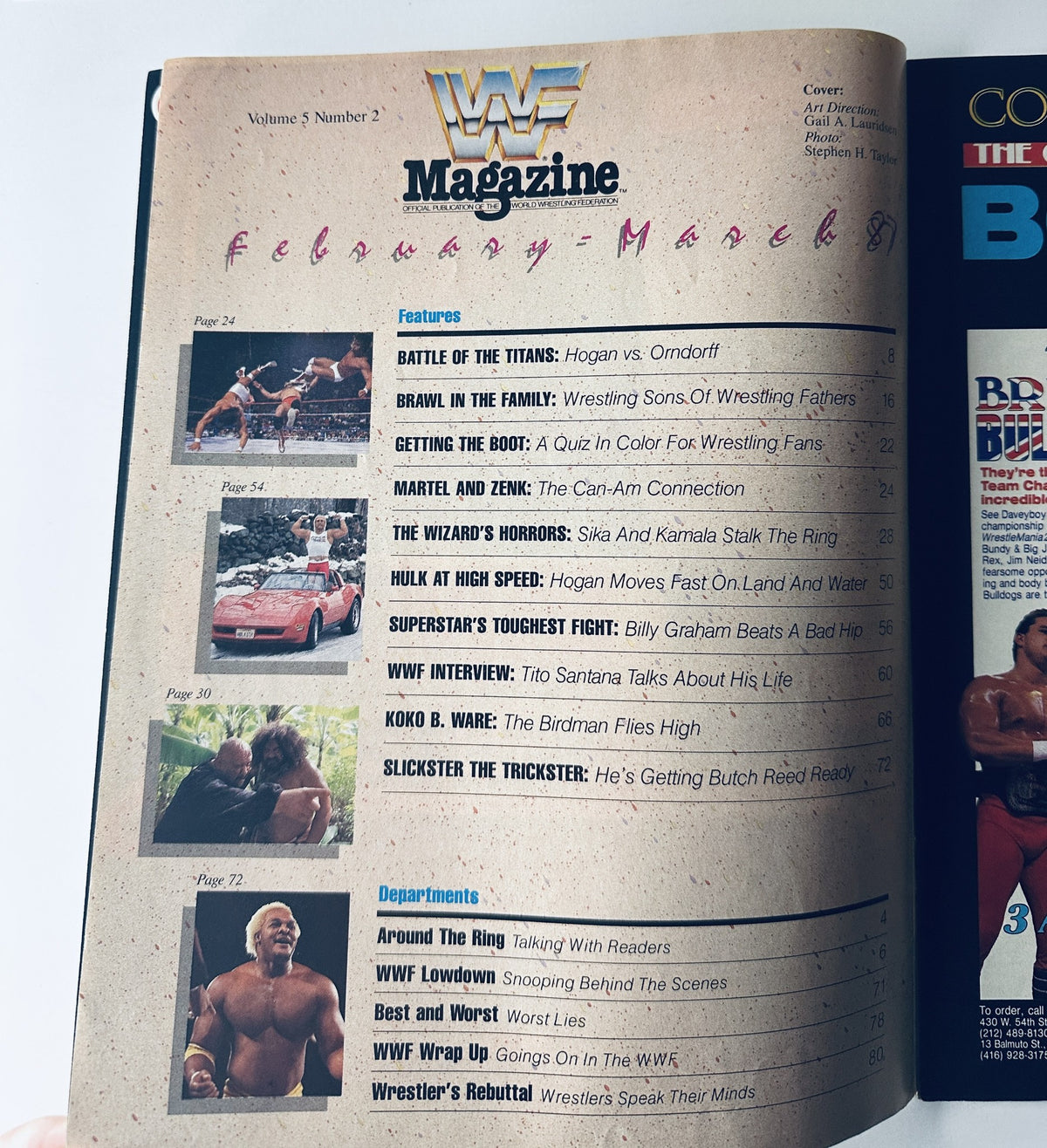 WWF Magazine February/March 1987 cover featuring articles including Battle of the Titans: Hogan vs. Orndorff, Getting the Boot, and an interview with Tito Santana.