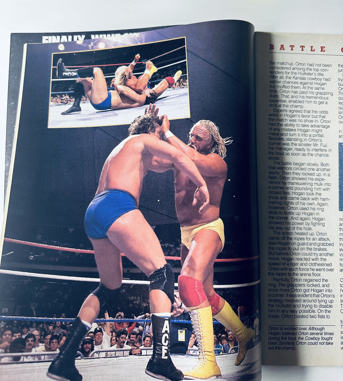 Action shot from the September 1987 issue of WWF Magazine, depicting a wrestling match between Hulk Hogan and Cowboy Bob Orton, illustrating the intensity of WWF battles. Title: WWF Magazine September 1987 Honky Tonk Man, Hulk Hogan, Brutus Beefcake.