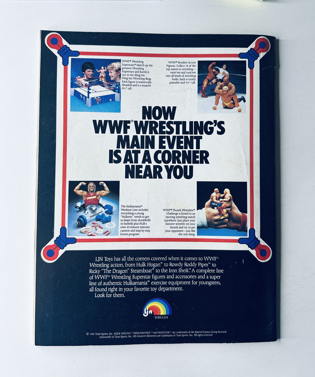 Promotional image for WWF wrestling toys featuring characters from the September 1987 issue of WWF Magazine, showcasing a vibrant design that invites fans to discover wrestling's main event at a local store. Title: WWF Magazine September 1987 Honky Tonk Man, Hulk Hogan, Brutus Beefcake.