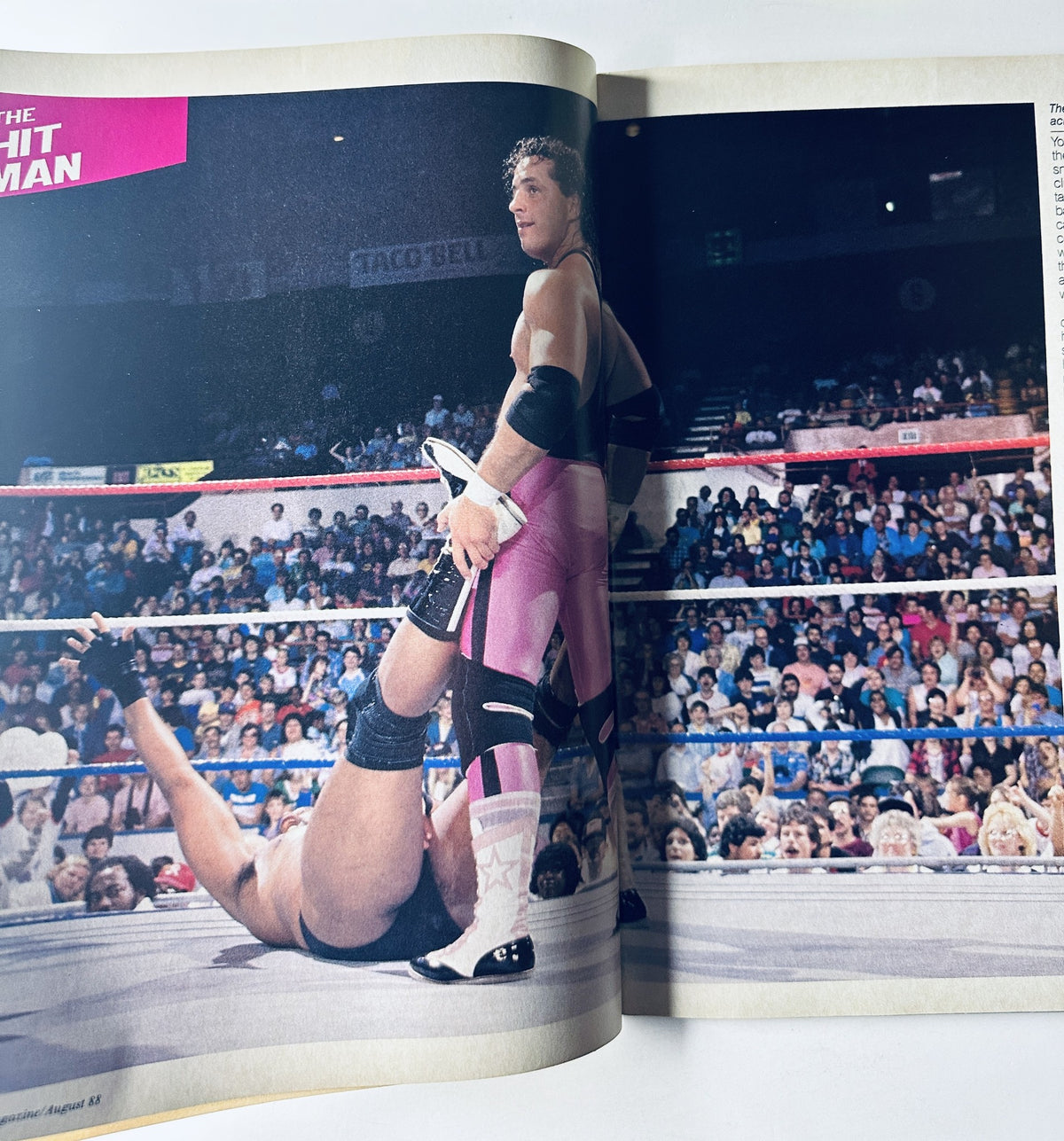 Featured image from WWF Magazine August 1988 showcasing Bret 'Hit Man' Hart in action during a wrestling match.