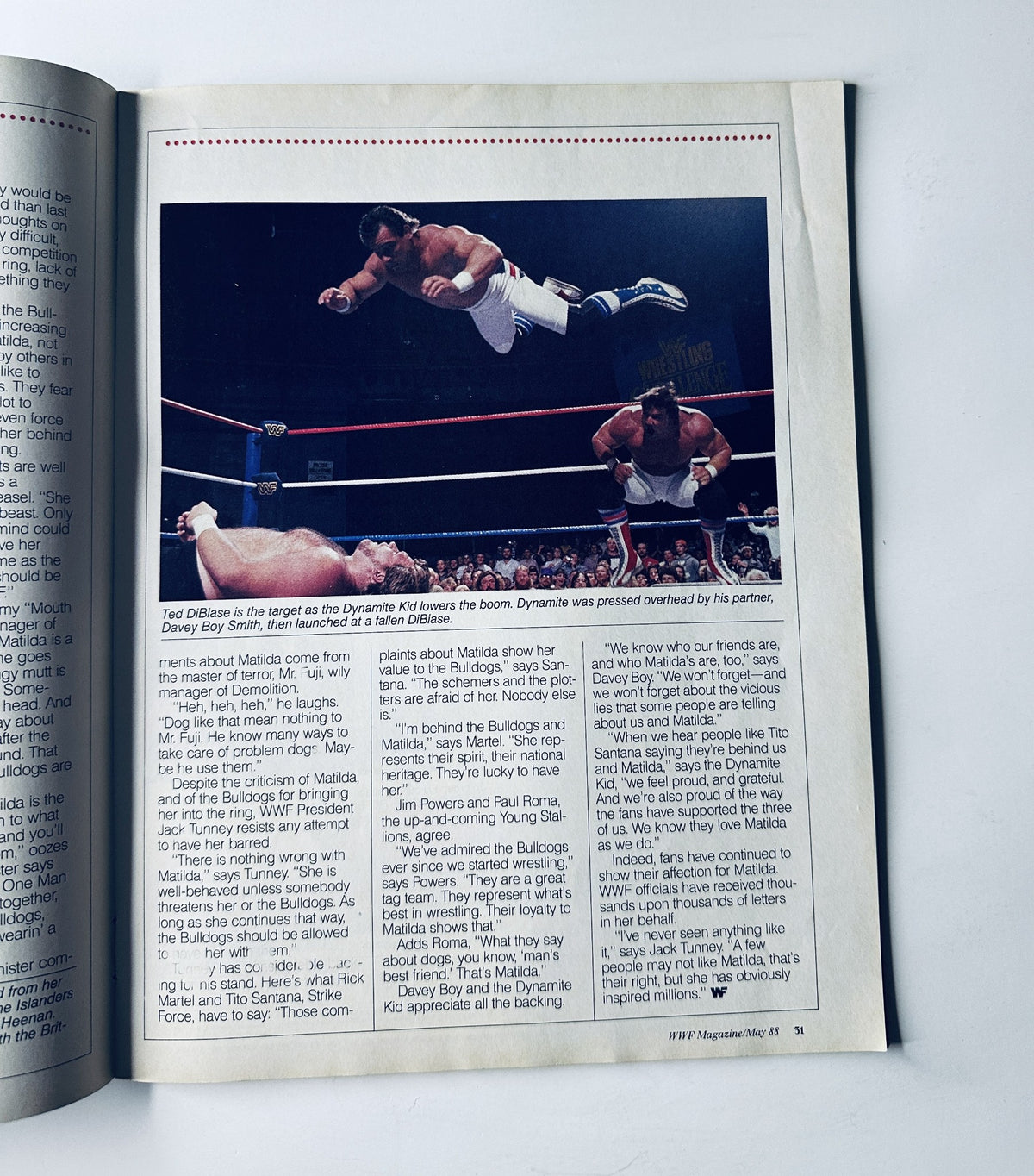 Highlighted action shot from WWF Magazine May 1988 featuring a wrestling move involving the British Bulldogs.