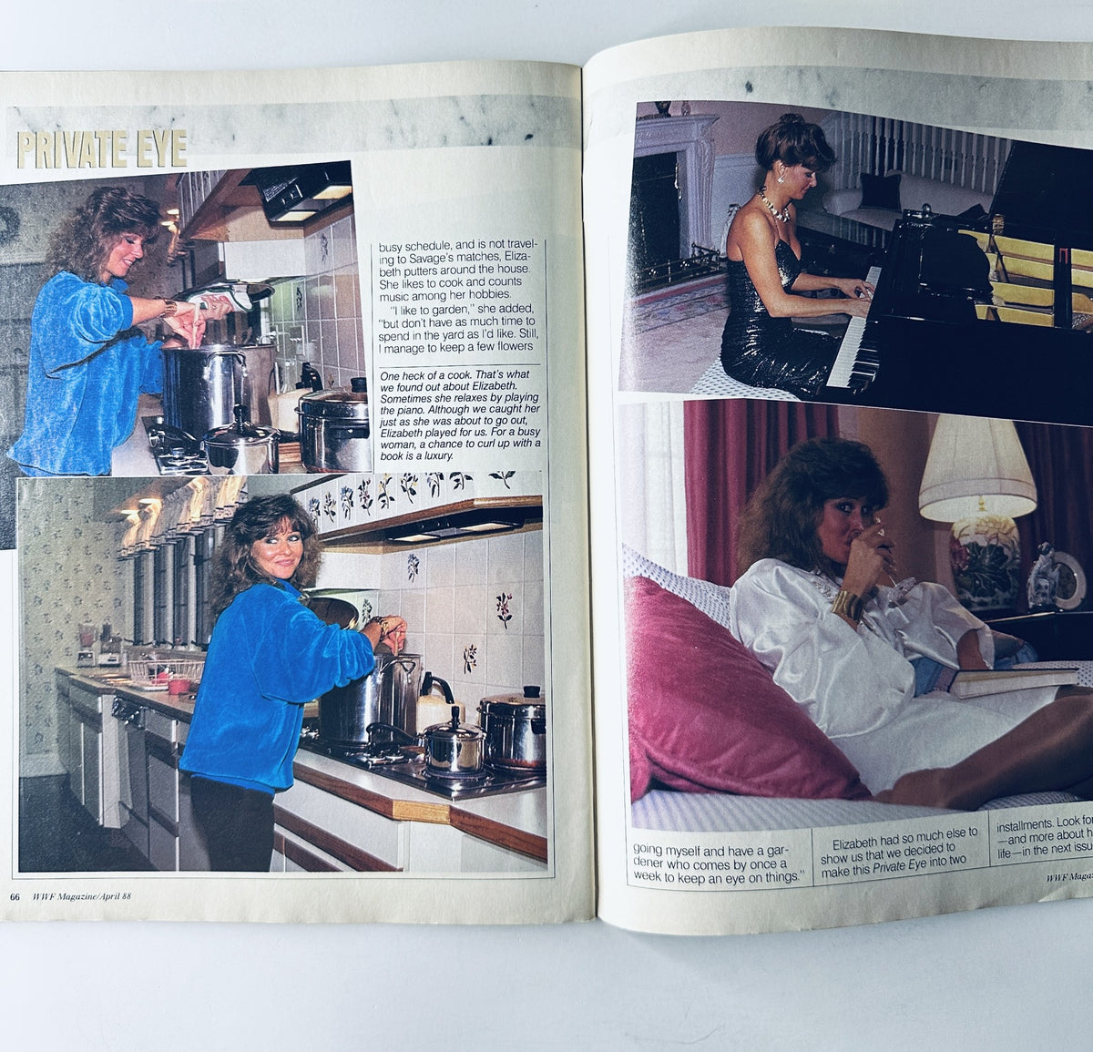Private Eye feature in WWF Magazine April 1988, showing personal moments of Elizabeth in various domestic settings.
