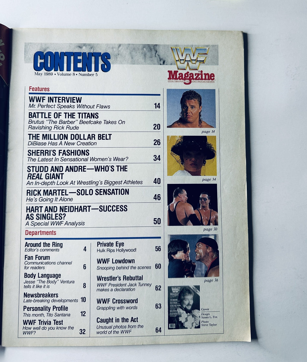 Table of contents from WWF Magazine May 1989, listing featured articles including interviews and wrestling match highlights. Essential for fans and collectors.
