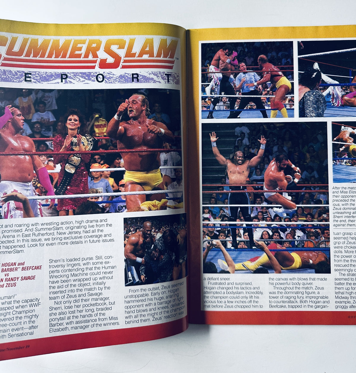 WWF Magazine November 1989 featuring Summerslam report with images of wrestlers Hogan, Savage, and Zeus during a high-energy wrestling match.