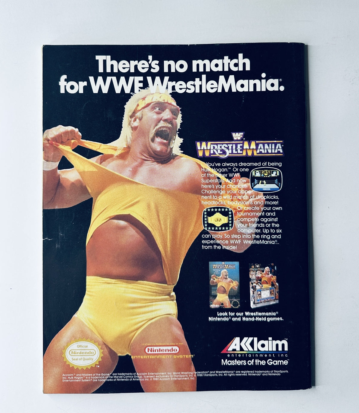 WWF Magazine November 1989 back cover advertisement for WWE WrestleMania with Hulk Hogan showcasing wrestling video game for Nintendo.