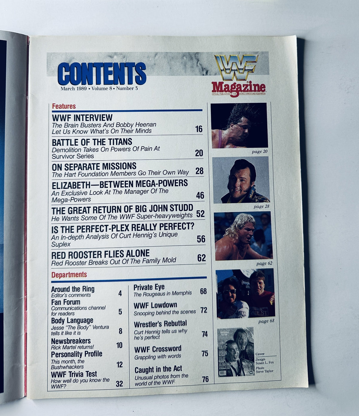 Contents page of WWF Magazine March 1989 listing features like interviews and articles, showcasing Demolition and Big John Studd.