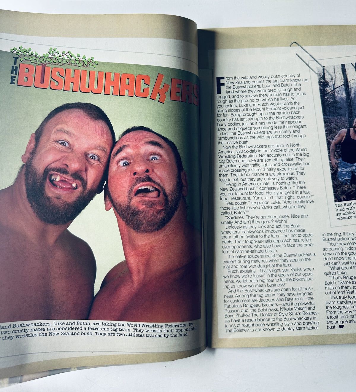Two members of The Bushwhackers in WWF Magazine March 1989, highlighting their playful expressions and wrestling persona.