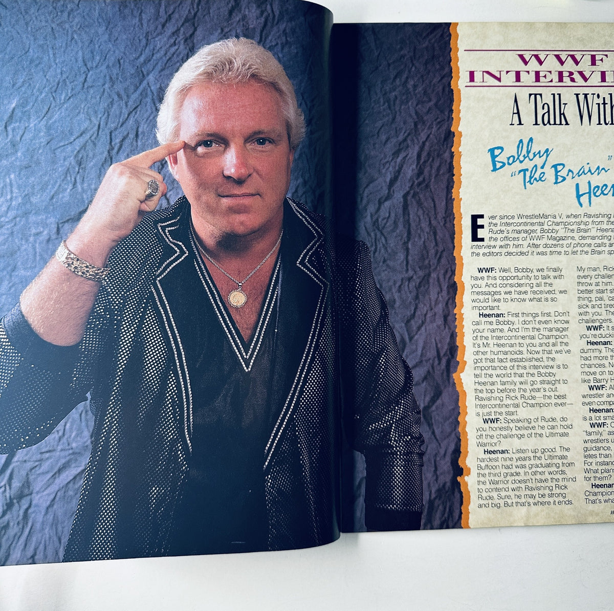 Bobby Heenan portrait and interview featured in WWF Magazine August 1989 discussing his perspectives on wrestling.