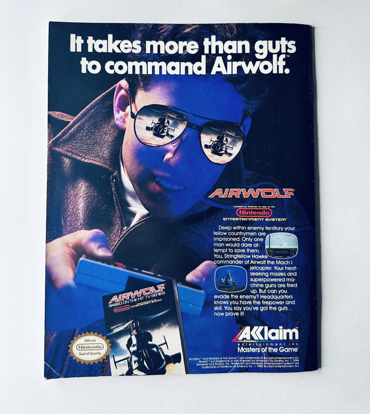 Advertisement for Airwolf video game in WWF Magazine August 1989, promoting the gaming experience for Nintendo.