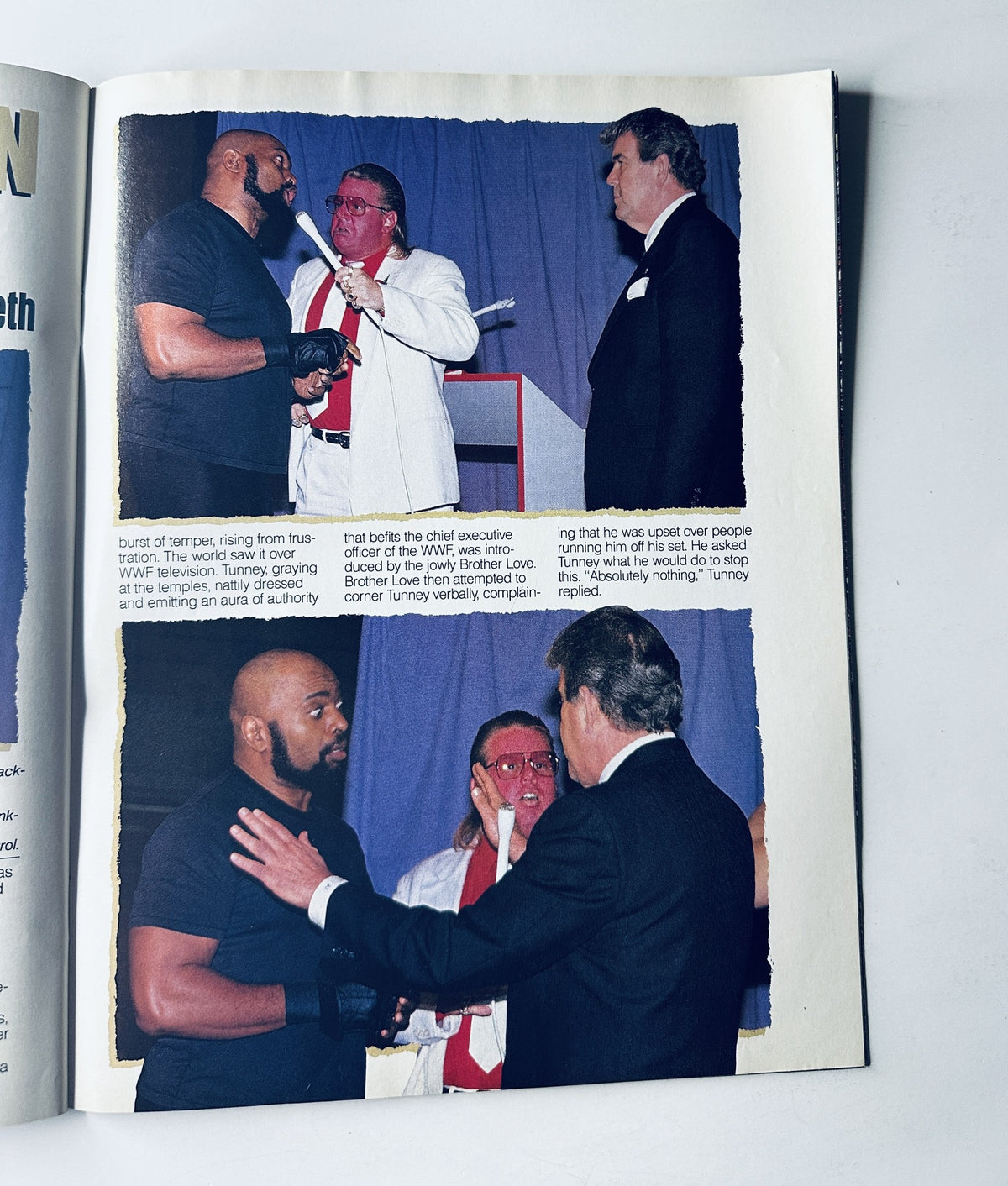 WWF Magazine February 1989 featuring a tense interaction between Bad News Brown and WWF President Jack Tunney, with Brother Love mediating the situation. The magazine captures the drama of professional wrestling in the late 80s.