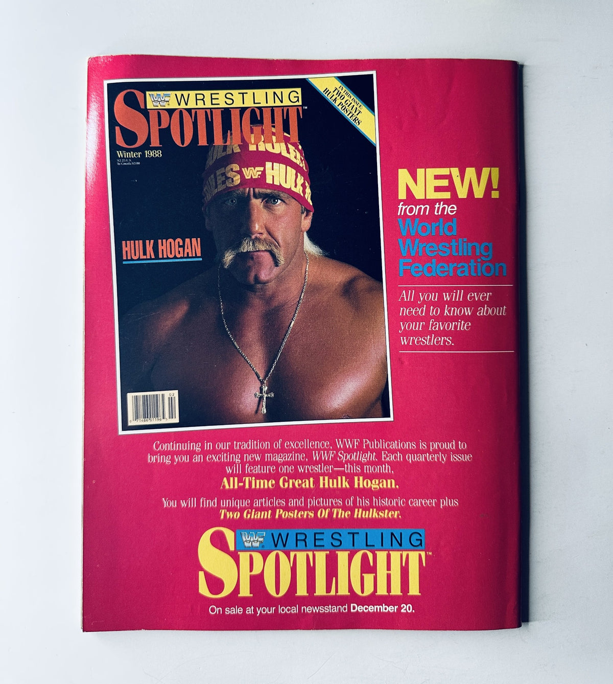 WWF Magazine February 1989 cover showcasing Hulk Hogan on the front, promoting wrestling articles and highlighting the history of WWF stars. This issue of Wrestling Spotlight is a collectible for wrestling fans.