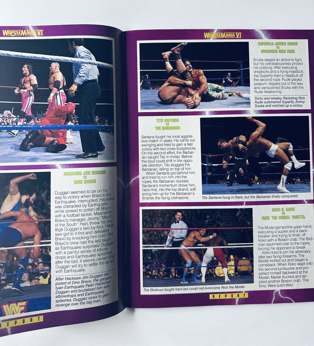 Inside pages of WWF Magazine June 1990 showing WrestleMania VI match highlights, including action shots of wrestlers in the ring.