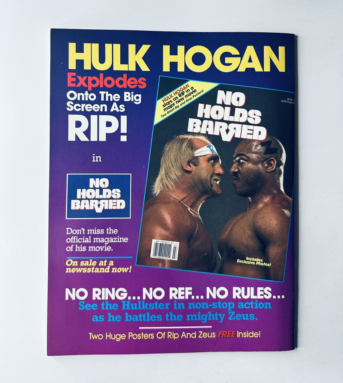 Cover of WWF Magazine for Hulk Hogan's movie 'No Holds Barred' highlighting confrontations in wrestling with Hulk Hogan facing off against Zeus, featuring promotional text for movie posters.