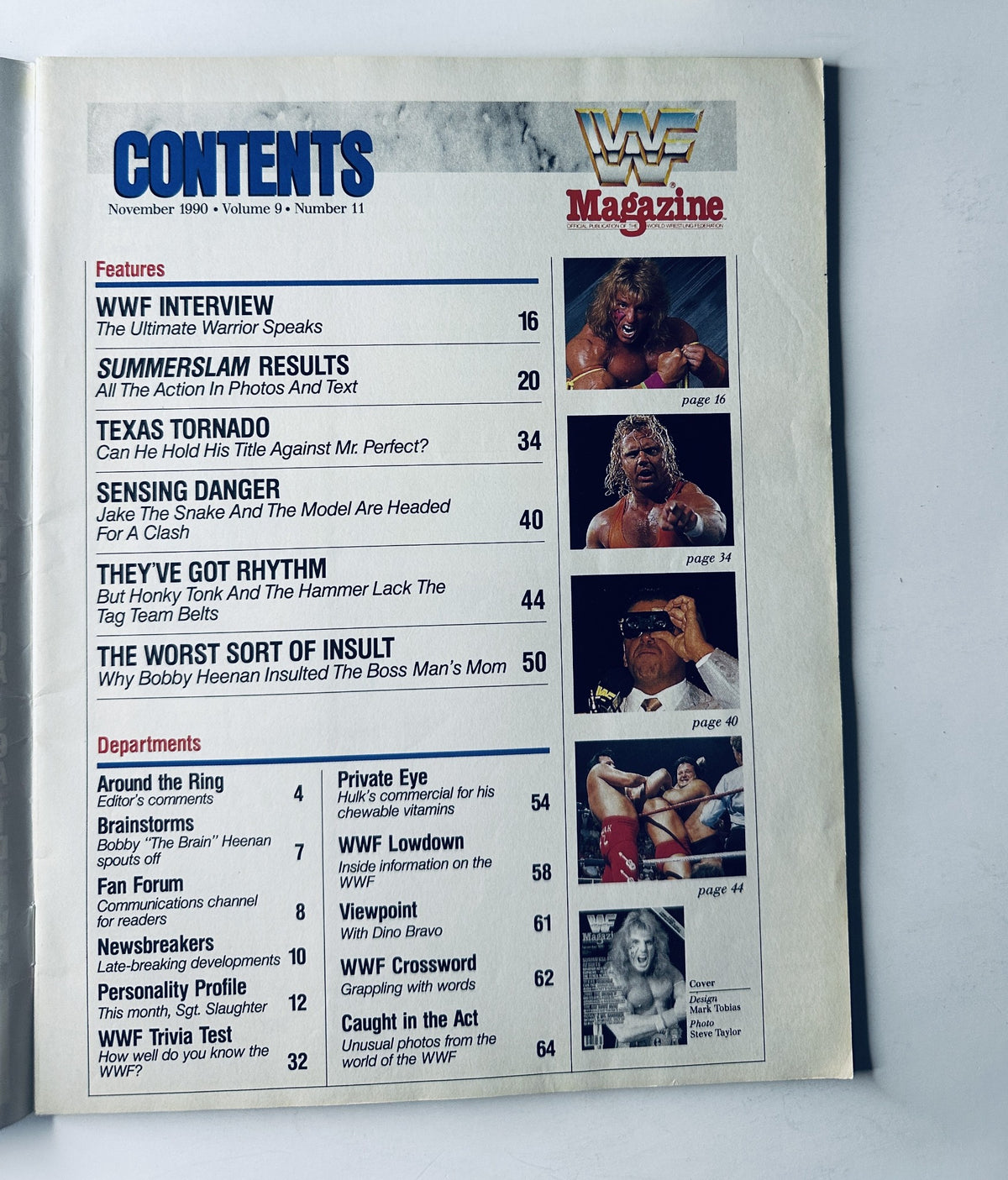 Contents page of WWF Magazine November 1990 featuring articles like WWF Interview with The Ultimate Warrior, SummerSlam Results, and Texas Tornado.