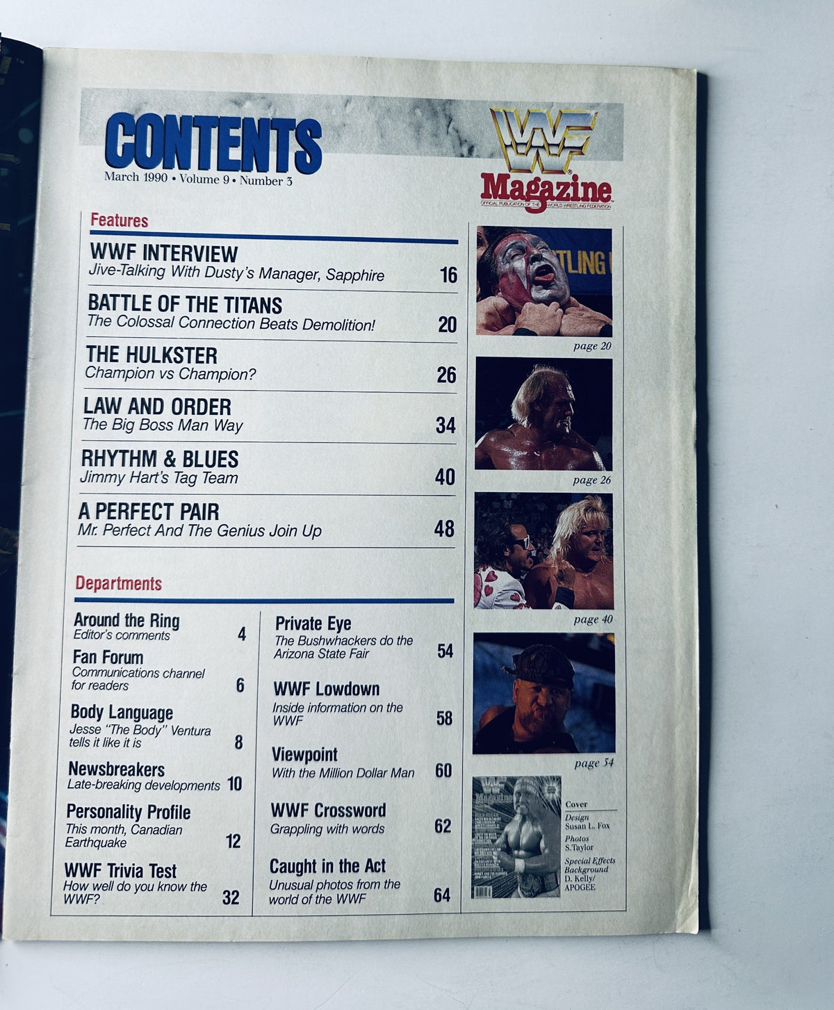 Interior page of WWF Magazine March 1990 displaying the Table of Contents, including features and departments for readers, highlighting articles like 'WWF Interview' and 'Battle of the Titans'.