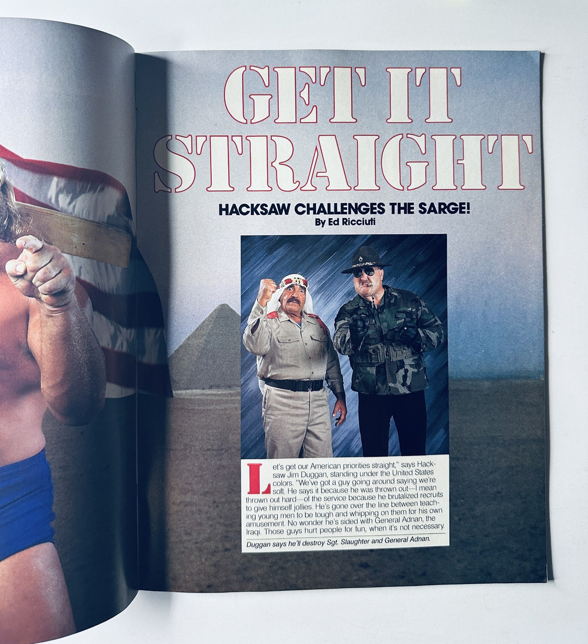 WWF Magazine January 1991 article titled 'Get It Straight' showcasing Hacksaw Duggan challenging Sgt. Slaughter, with an engaging visual layout.