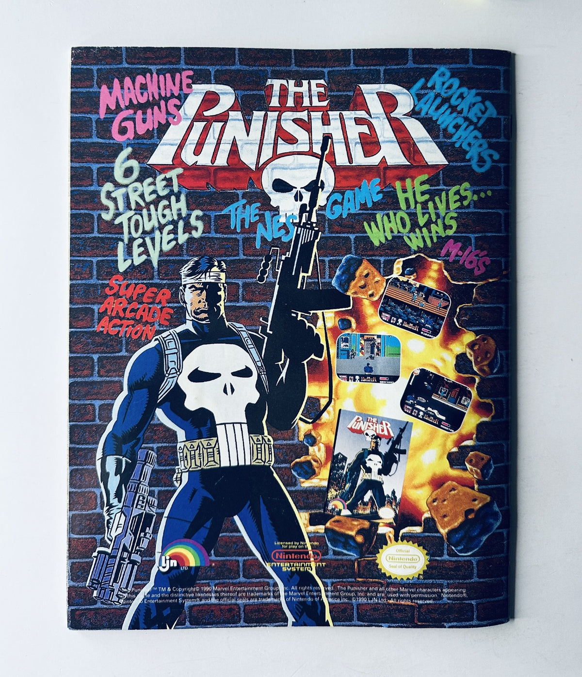Cover of The Punisher video game magazine featuring graphics of the character with a tagline highlighting arcade action and character features.