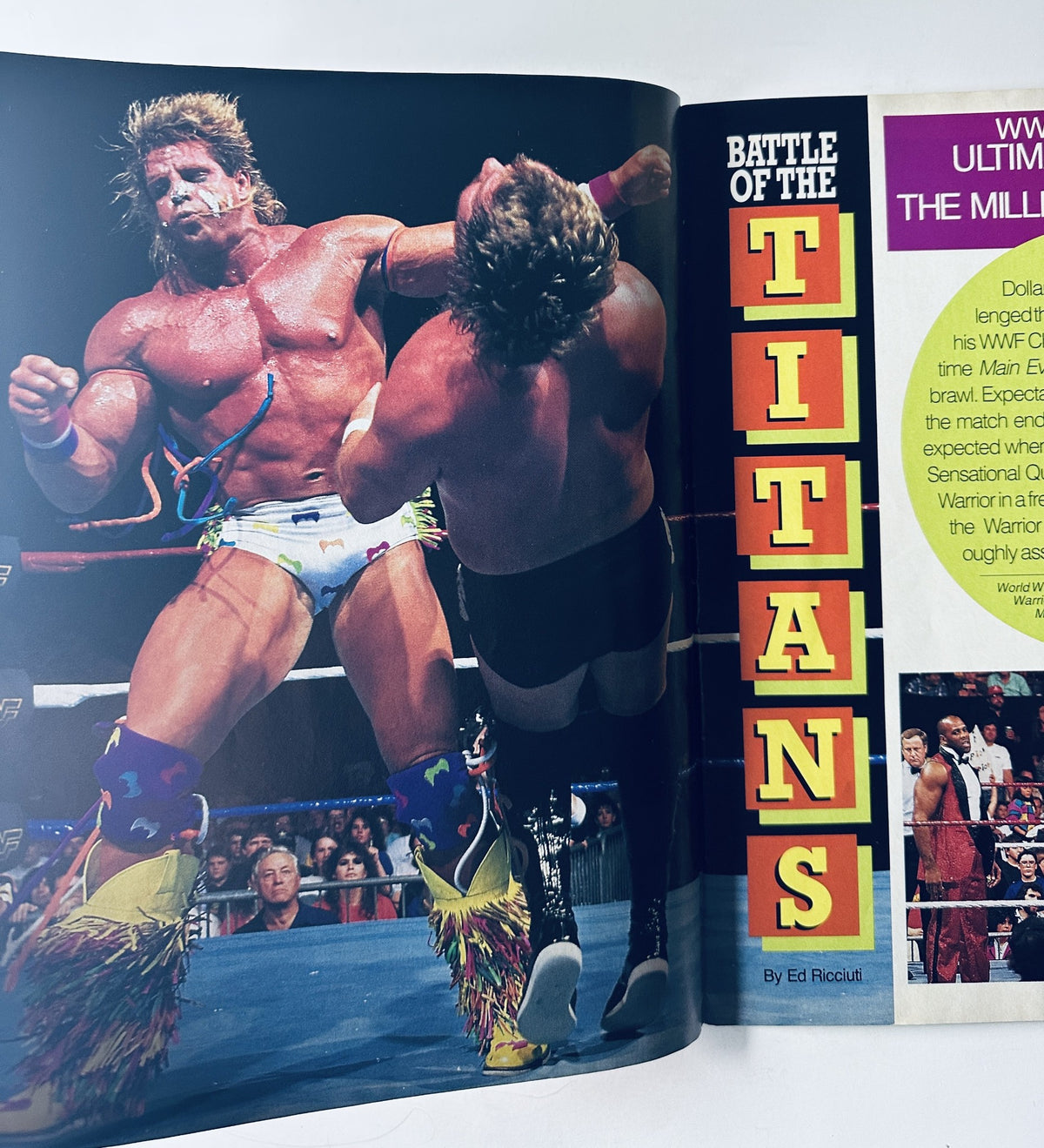 WWF Magazine February 1991 featuring the article 'Battle of the Titans' showcasing a wrestling match with colorful action featuring wrestlers in vibrant costumes, capturing the excitement of WWF events.